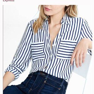 EXPRESS Portofino Small Top Blouse Shirt Convertible Sleeve Blue White Strip